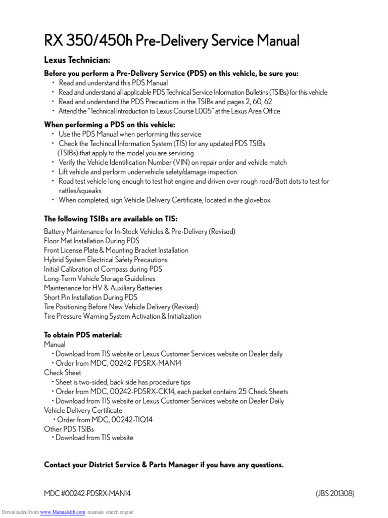 RX 350/450h Pre-Delivery Service Guide | PDF | Vehicles | Motor Vehicle
