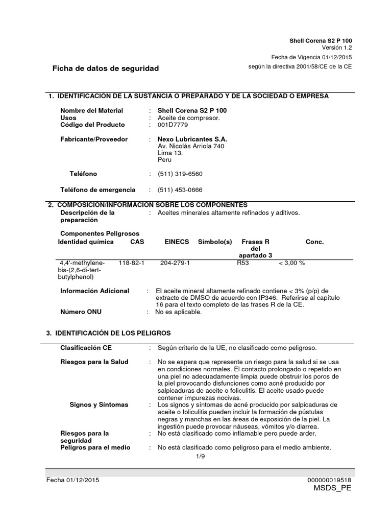 MSDS Shell Corena S2 P 100 | PDF | Guante | Agua