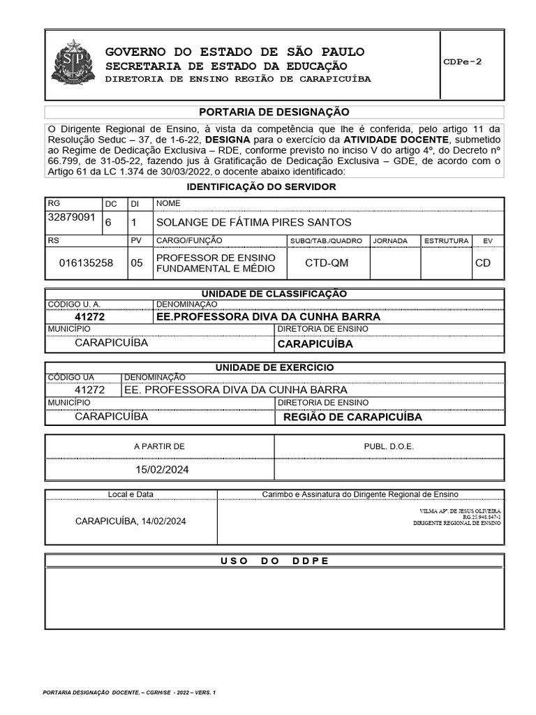 Portaria de Designação Docente SP | PDF
