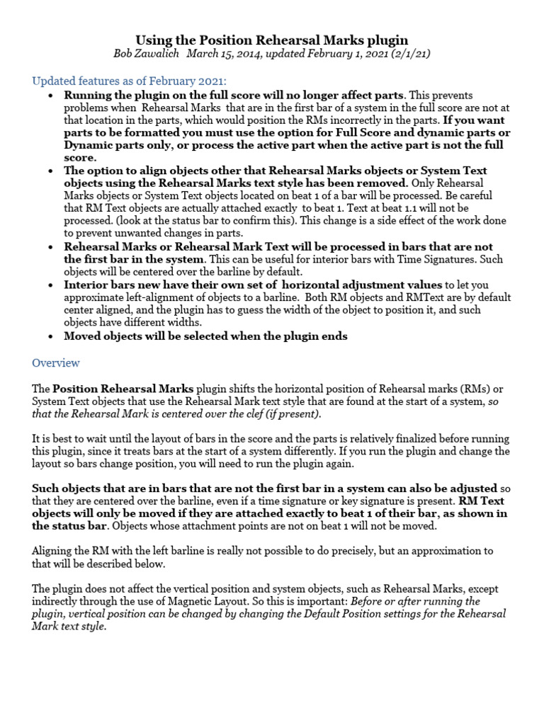 Using The Position Rehearsal Marks Plugin Pdf Page Layout Computing