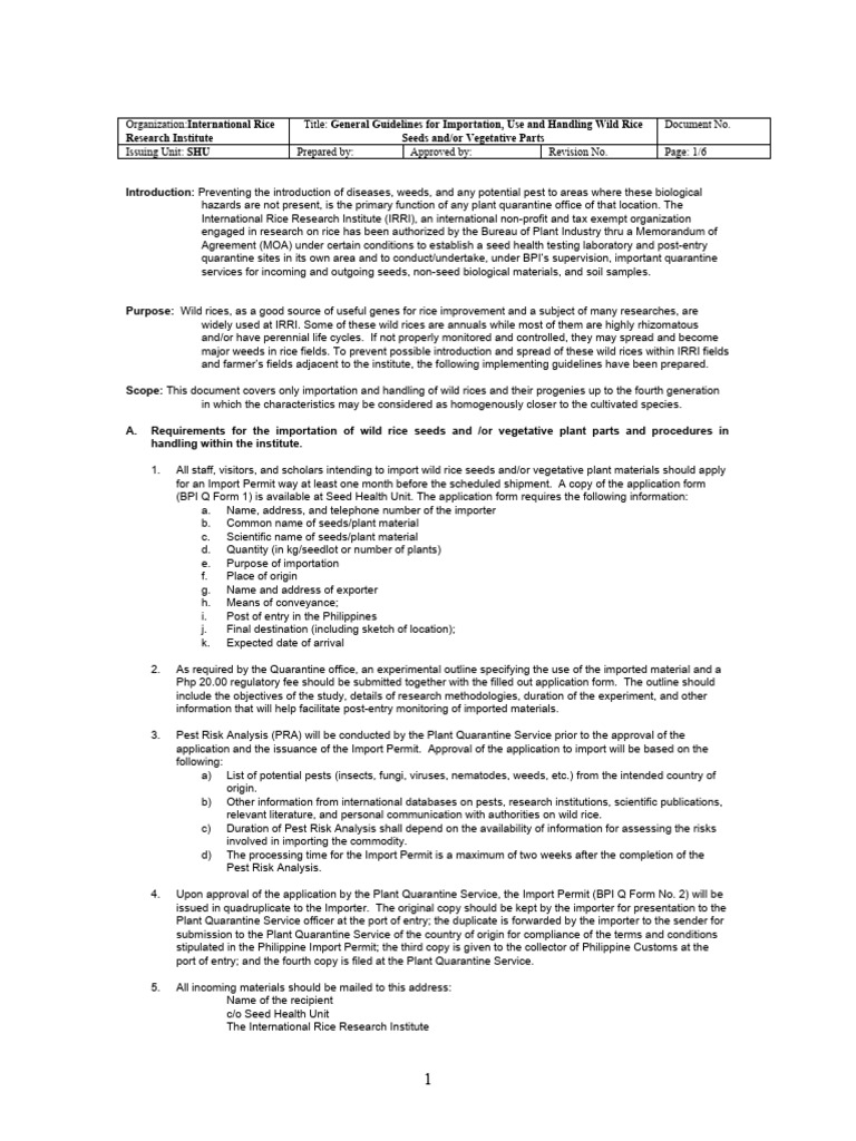 Shu Guidelines For Handling Wild Rices Pdf Rice Quarantine