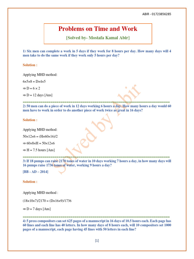 Time and Work Problem Solutions | PDF