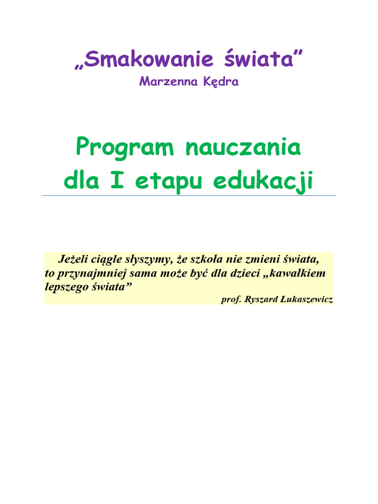 Smakowanie Swiata Program Nauczania Dla I Etapu Edukacji | PDF