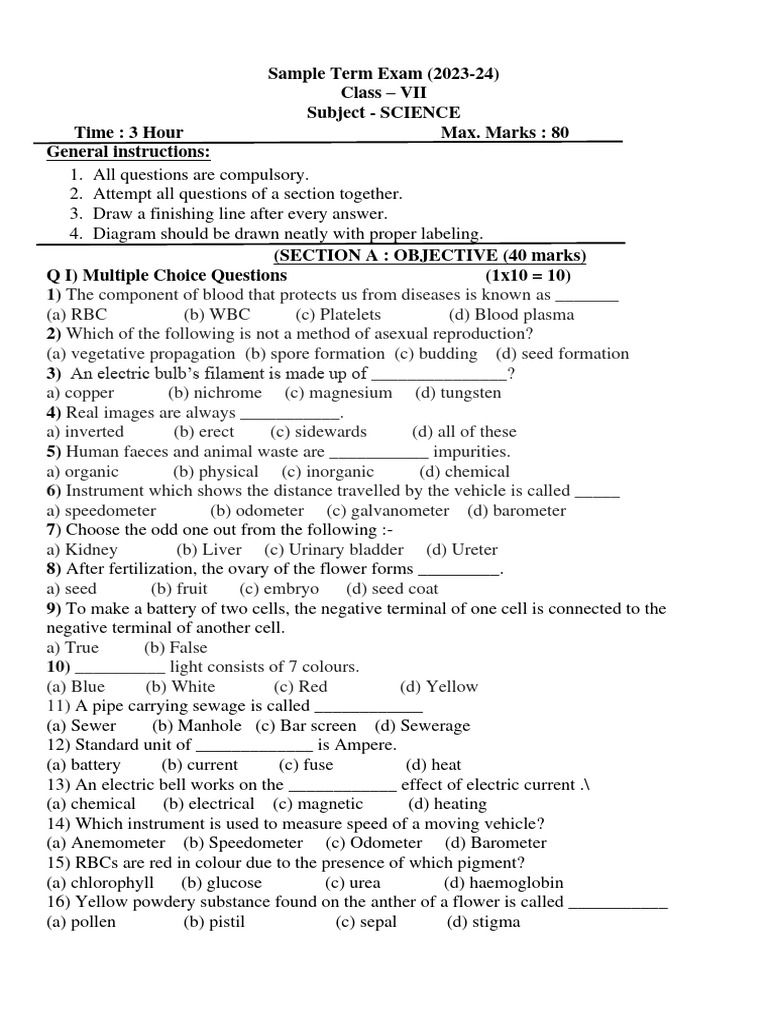 Class 7 Science Term 2 Sample Paper | PDF | Sewage Treatment | Reproduction