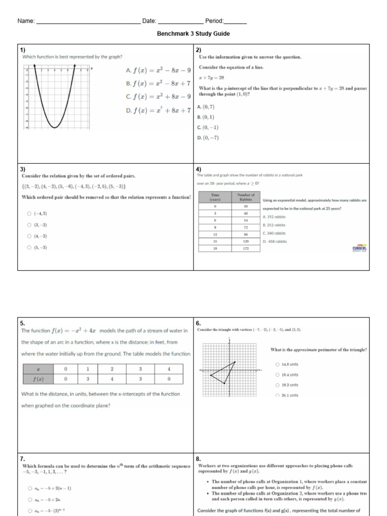 Benchmark 3 Study Guide | PDF | Function (Mathematics) | Exponentiation
