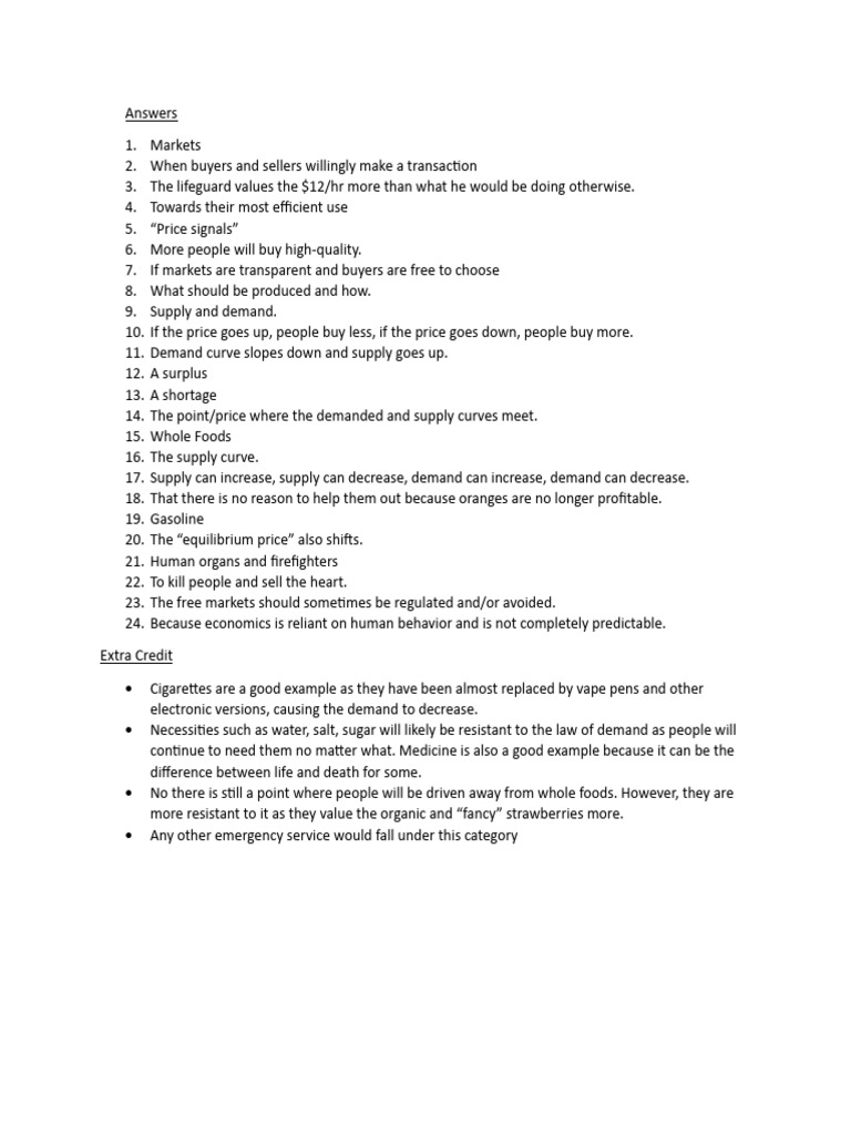 Supply and Demand Crash Course Questions PDF