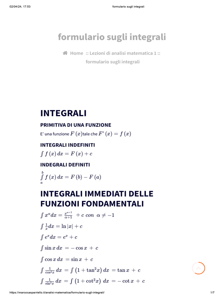 Formulario Sugli Integrali | PDF