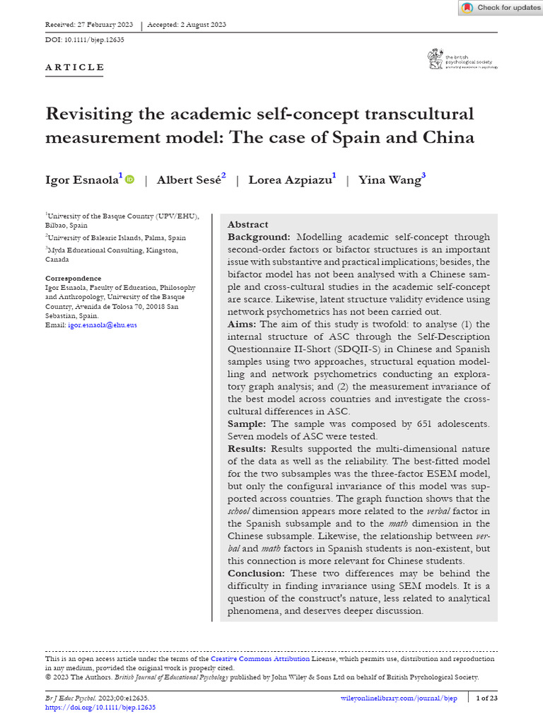 Brit J of Edu Psychol 2023 Esnaola Revisiting the academic self