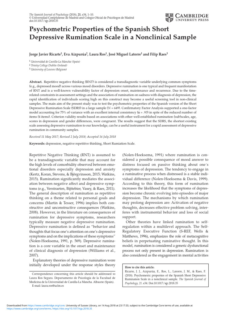 The Spanish Short Depressive Rumination Scale PDF Mental Health