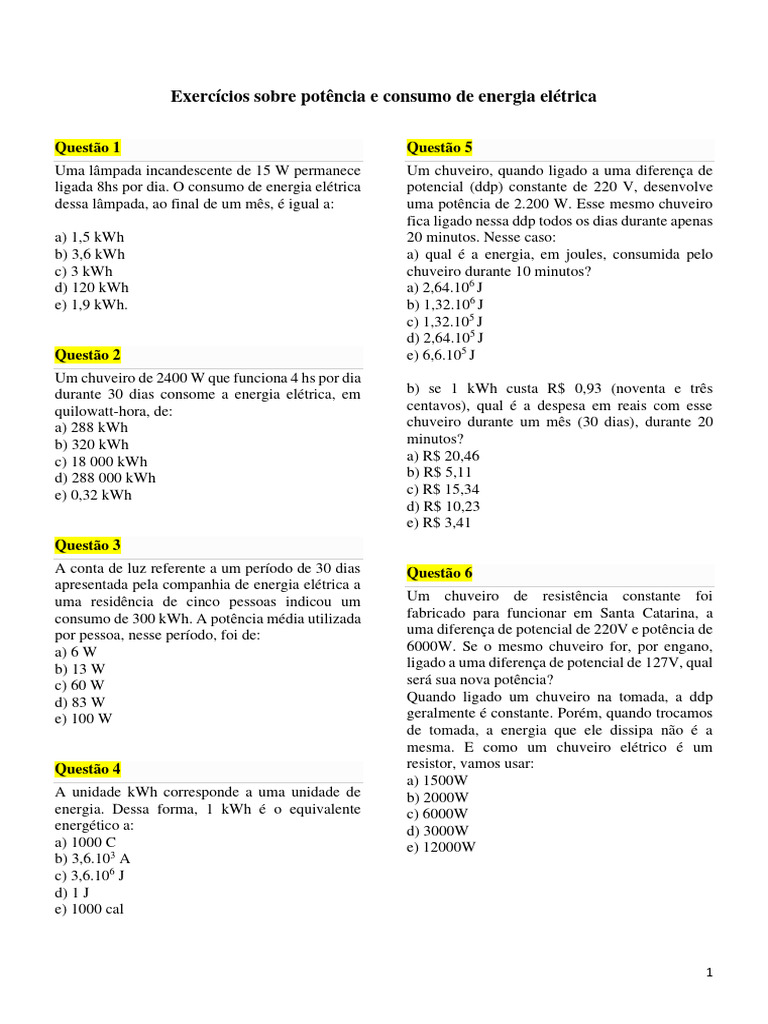 Exercícios sobre Consumo de Energia Elétrica | PDF | Energia elétrica ...
