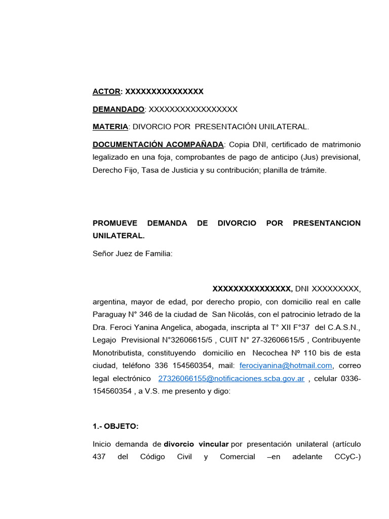 Modelo De Divorcio Por Presentacion Unilateral Pdf Divorcio