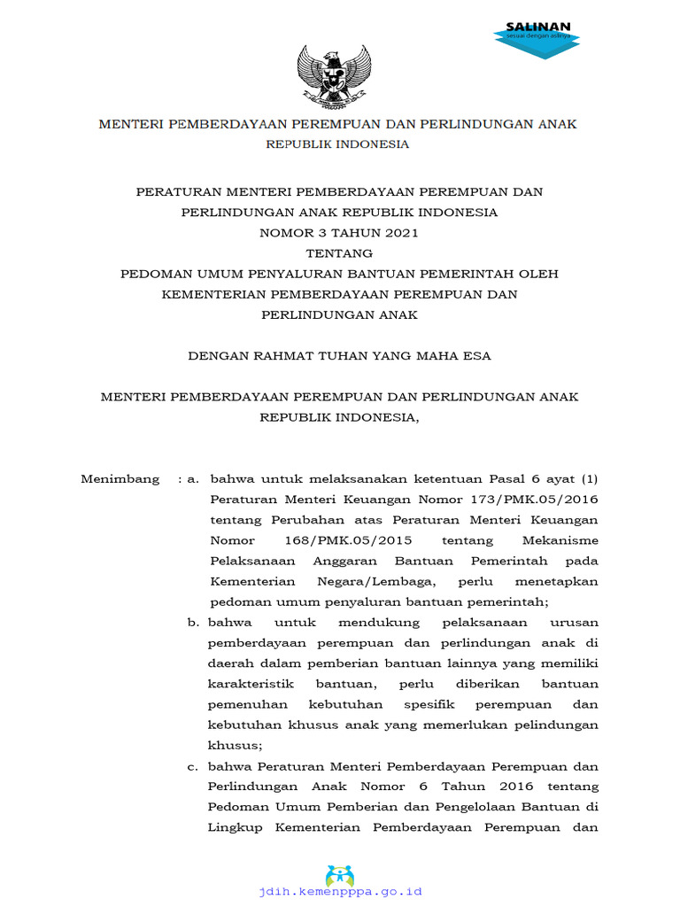 Permen pppa no 3 thn 2021 ttg pedoman umum penyaluran bantuan