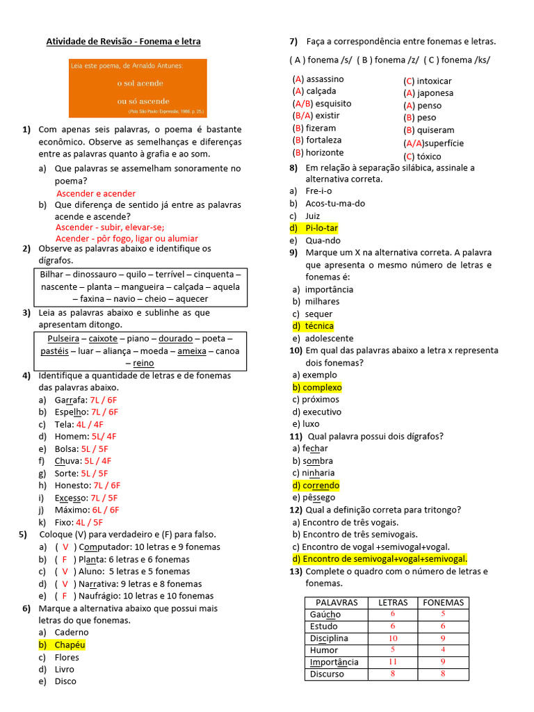Atividades de Fonemas e Letras 4º Ano | PDF | Fonema | Vogal