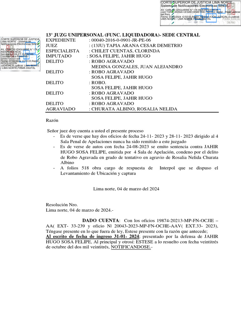 Exp. 00040-2016-0-0901-JR-PE-06 - Resolución - 58267-2024 | PDF