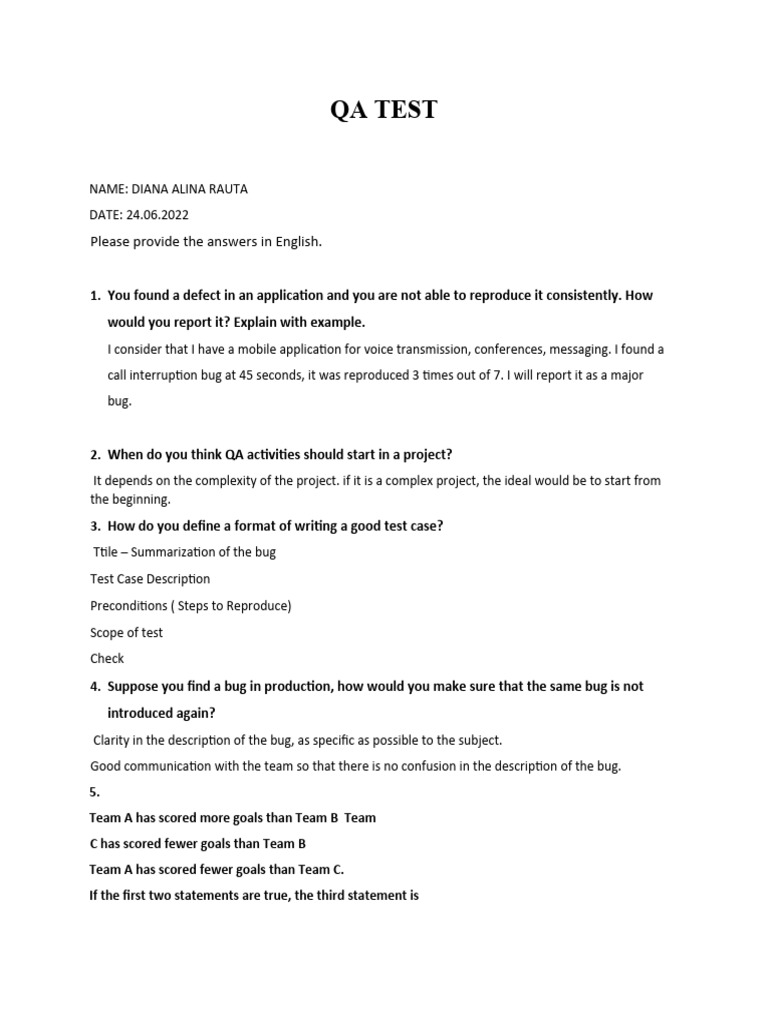 QA Test Answers by Diana Rauta | PDF