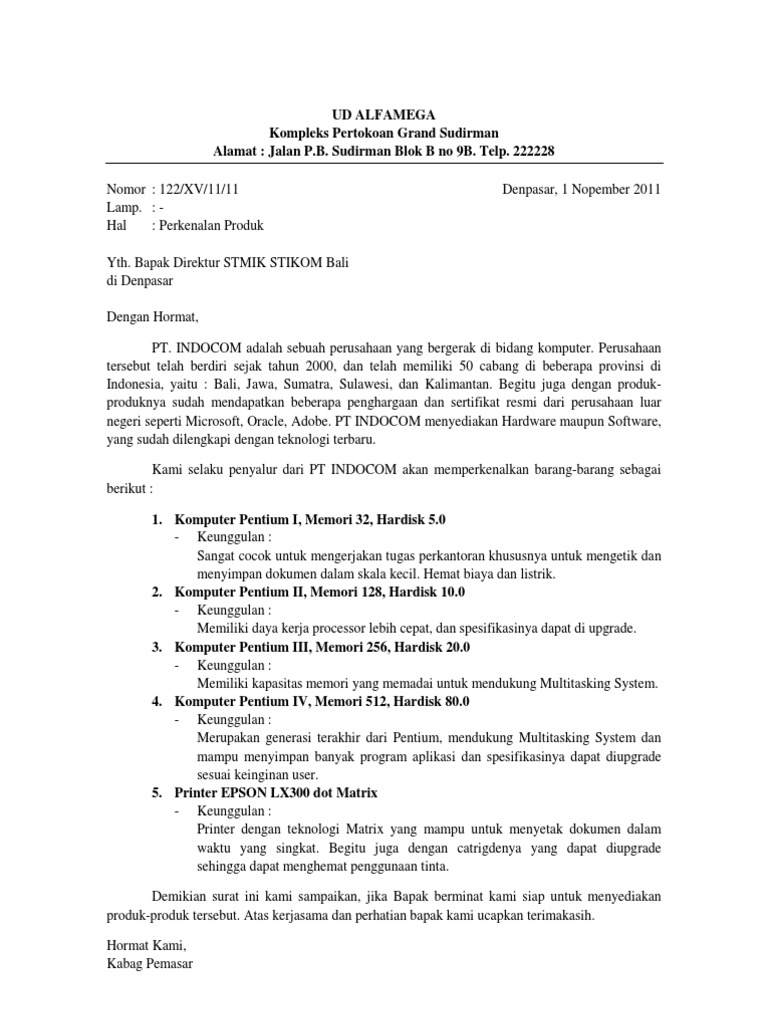 Contoh surat perkenalan produk makanan Surat perkenalan perusahaan di bidang makanan.