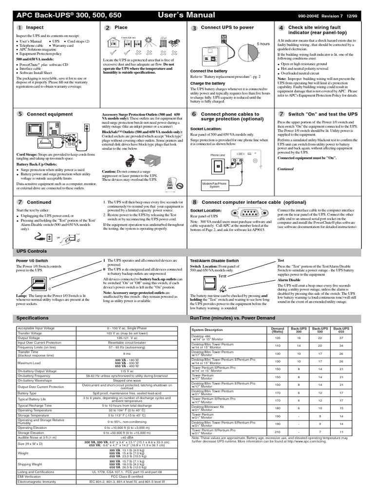 EM00000738 APC - APC Back-UPS 300, 500, 650 User's Manual | PDF | Ac ...
