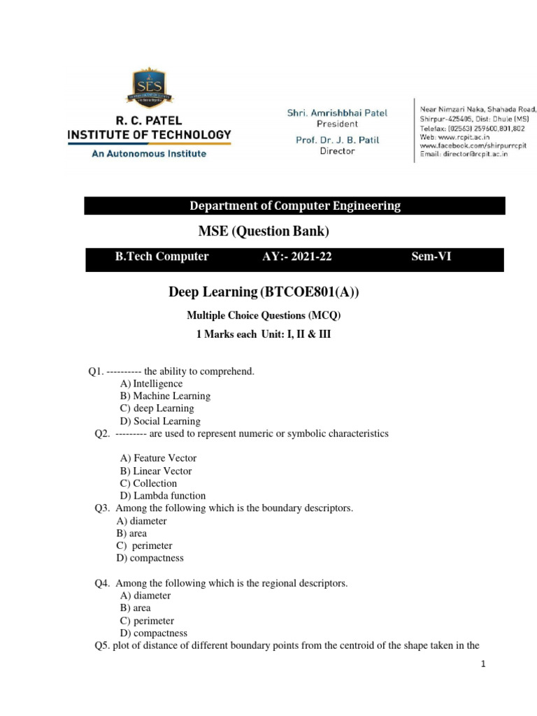 QB Btech DP Sem Viii 21-22 | PDF | Artificial Neural Network | Applied ...