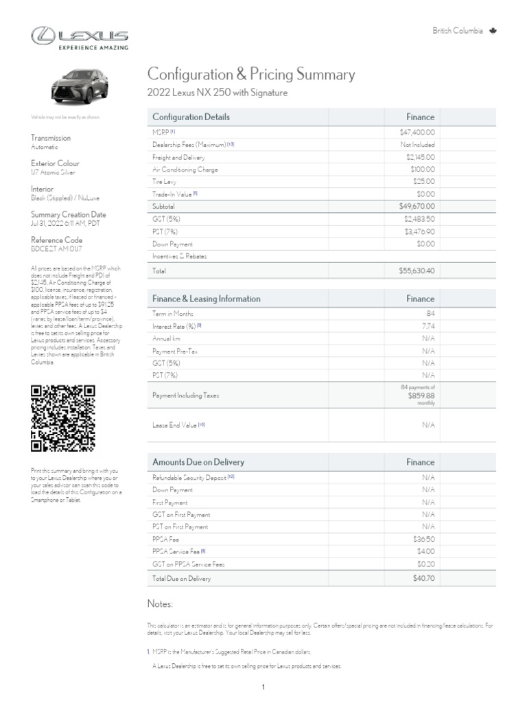 2022 Lexus NX 250 Pricing Overview | PDF | Annual Percentage Rate | Taxes