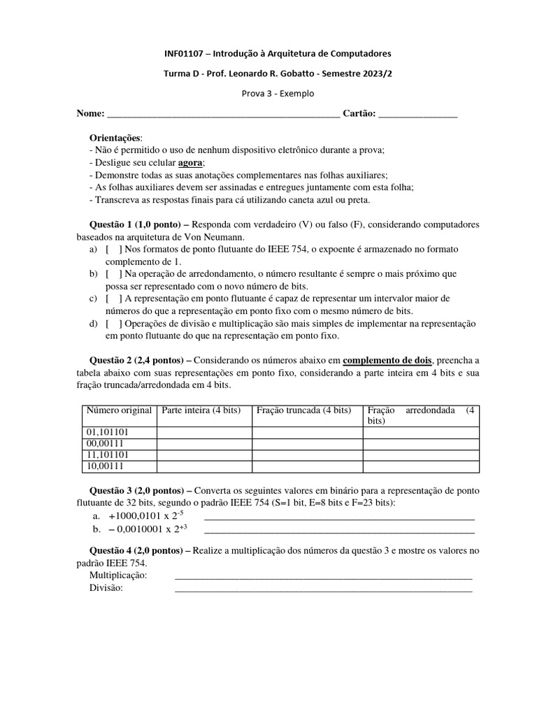 Exemplo de Prova 3 - Turma D-1 | PDF | Informática | Ciência da Computação