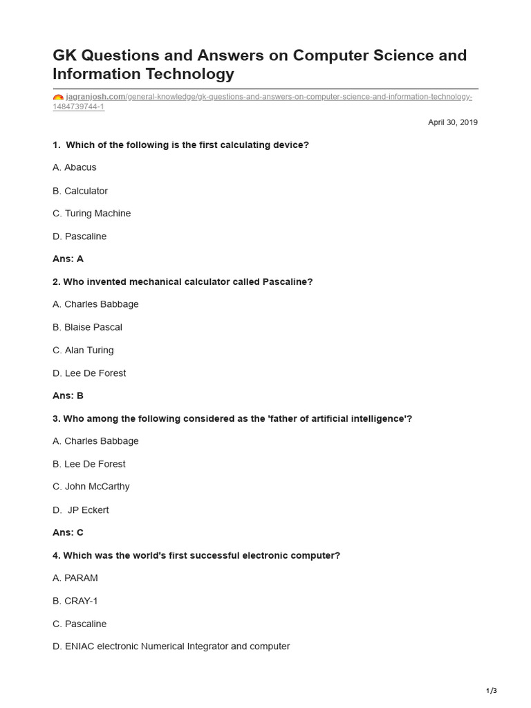 Computer Science GK Questions & Answers | PDF