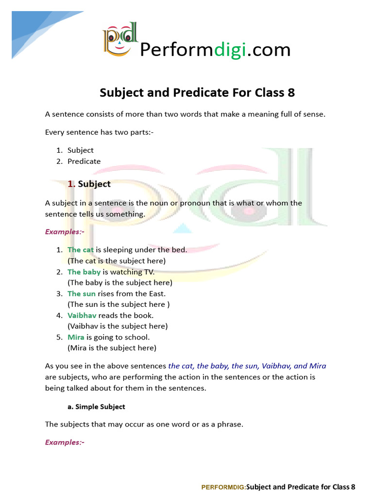 Subject and Predicate For Class 8 Merged | PDF | Pronoun | Subject ...