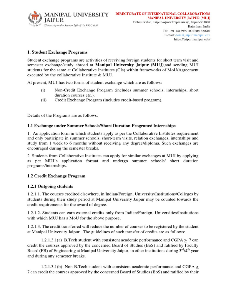 MUJ Student Exchange Program Details | PDF | Academic Term | Academic ...