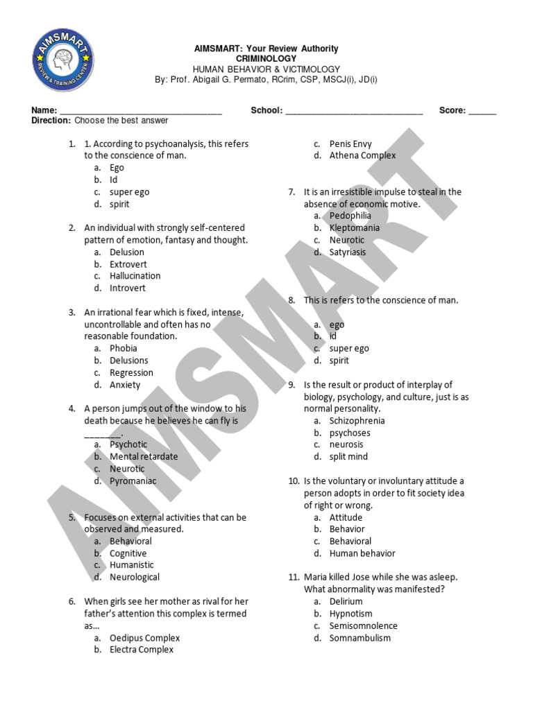 Criminology and Human Behavior Quiz | PDF | Neurosis | Crimes