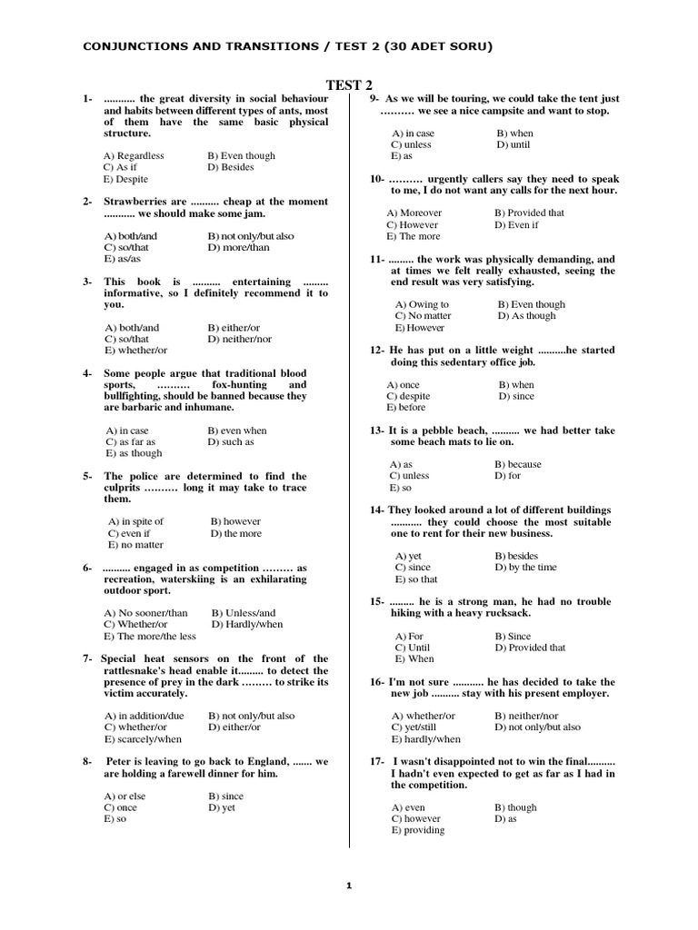 Conjunctions and Transitions Test 2 | PDF