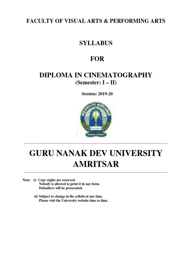 Diploma in Cinematography Syllabus | PDF | Video | Camera