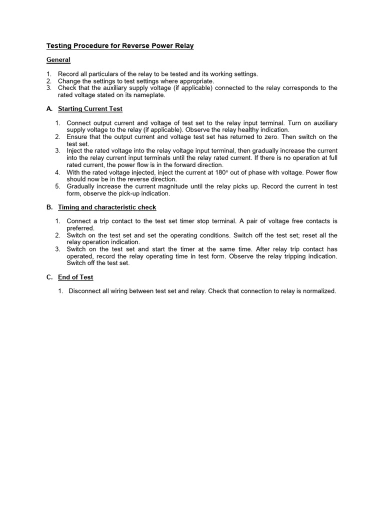 Reverse Power Relay Testing Procedure | PDF