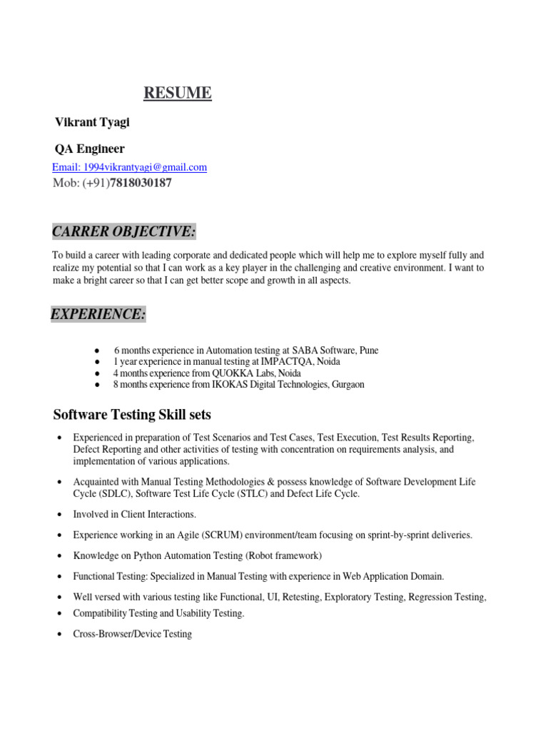 QA Engineer Resume - Vikrant Tyagi | PDF | Software Development Process ...