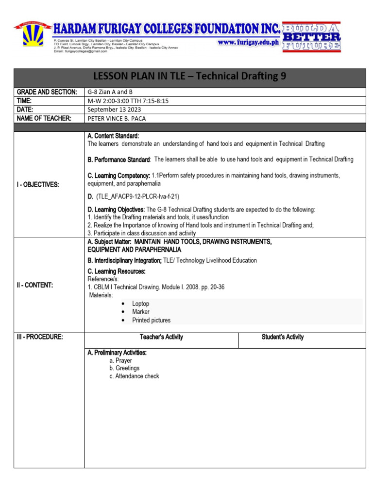 HFCI Lesson Plan TLE 8 Technical Drafting September 13, 2023 Official