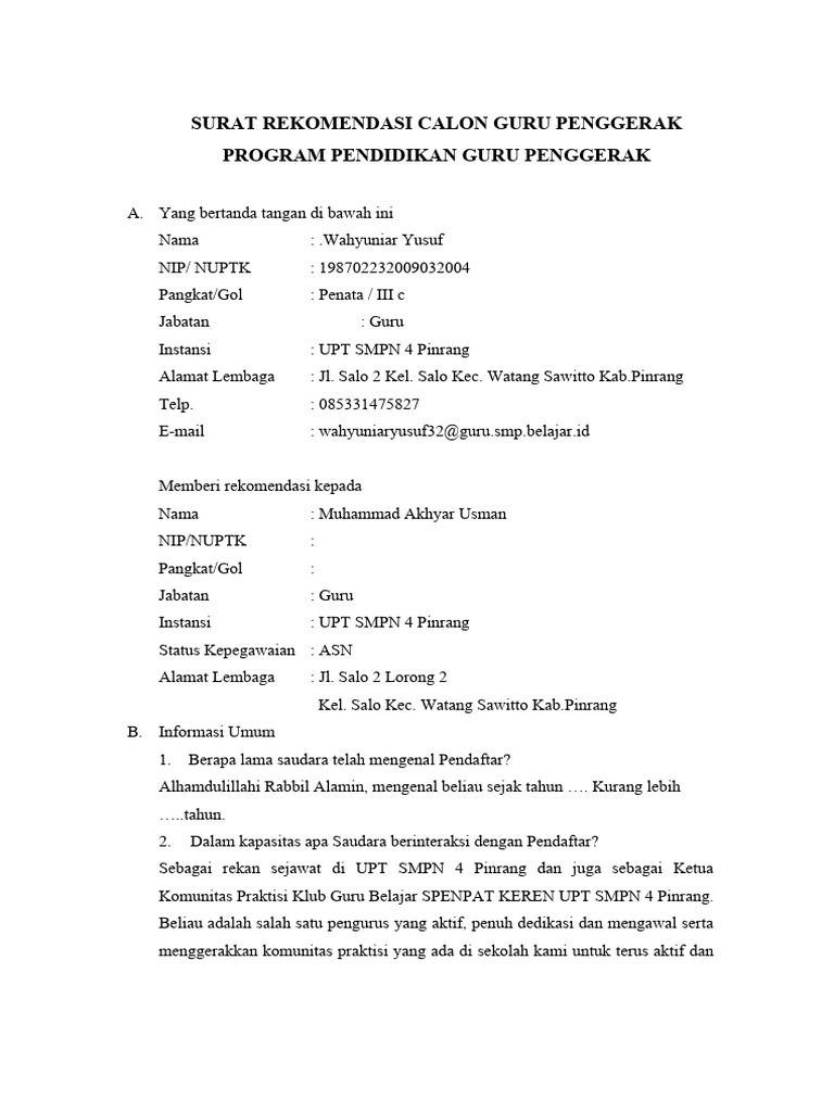 Akhyar. Surat Komendasi Calon Peserta PPGP Ocx | PDF