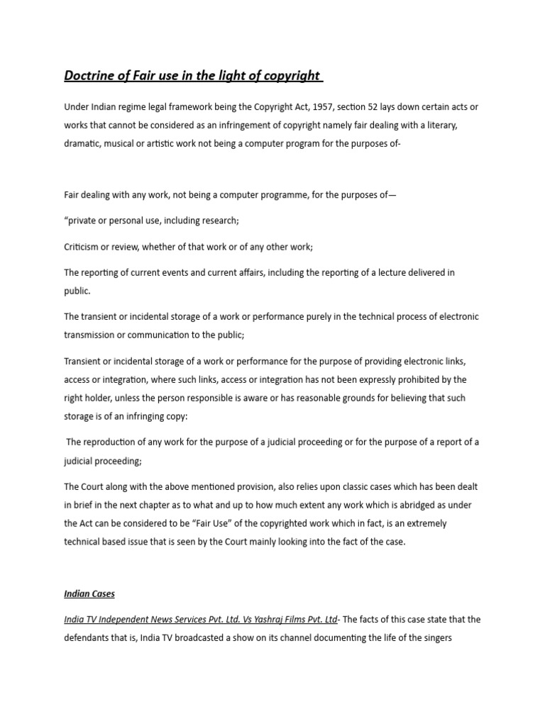 Fair Use Doctrine in Indian Copyright Law | PDF | Fair Dealing | Copyright