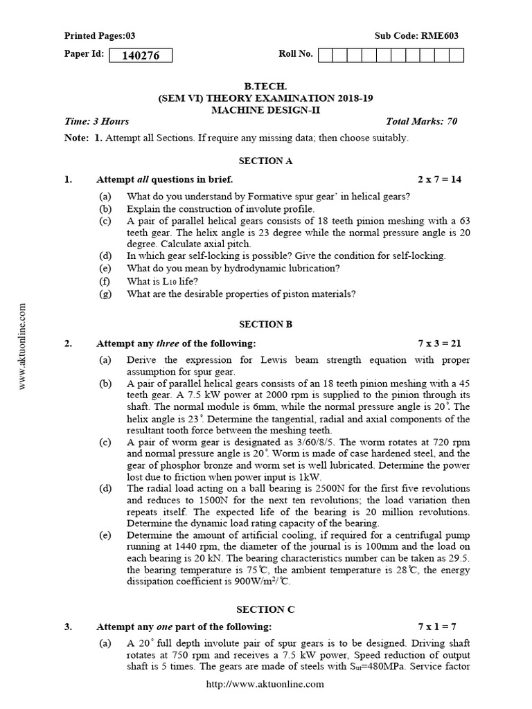 Me 6th Sem Machine Design 2 Rme603 2019 Pdf Gear Bearing