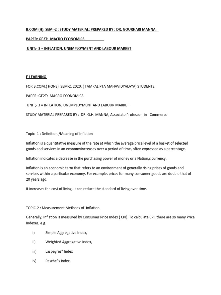 Sem 2 Inflation, Unemployment and Labour Market PDF Cost Of Living