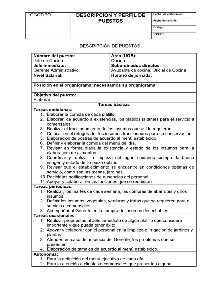 Descripción y Perfil de Puestos-Jefa de Cocina | PDF