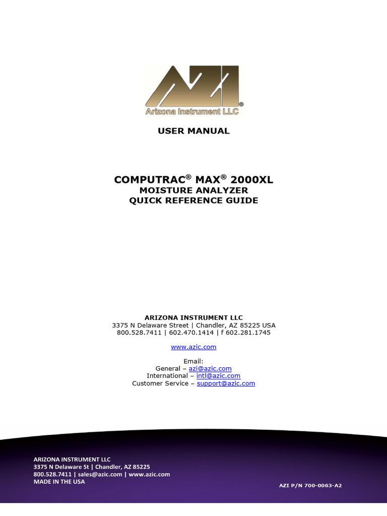 Arizona Instrument Computrac MAX® 2000XL User's Manual | PDF