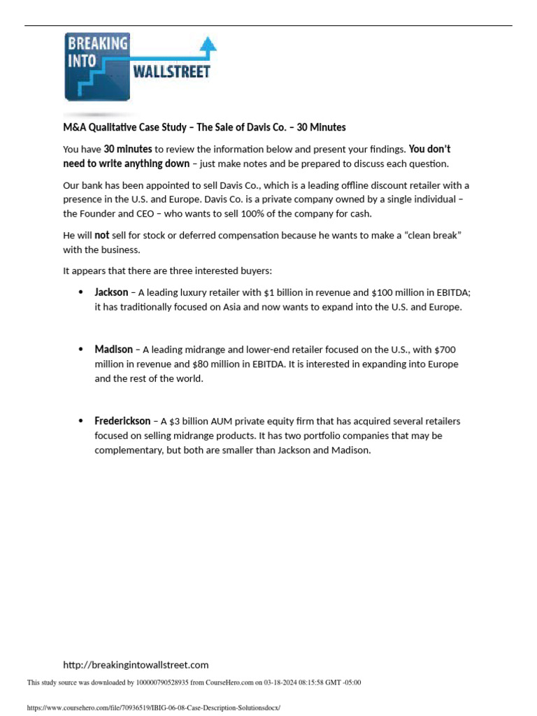 M&A Case Study: Davis Co. Sale | PDF | Discounted Cash Flow | Valuation ...
