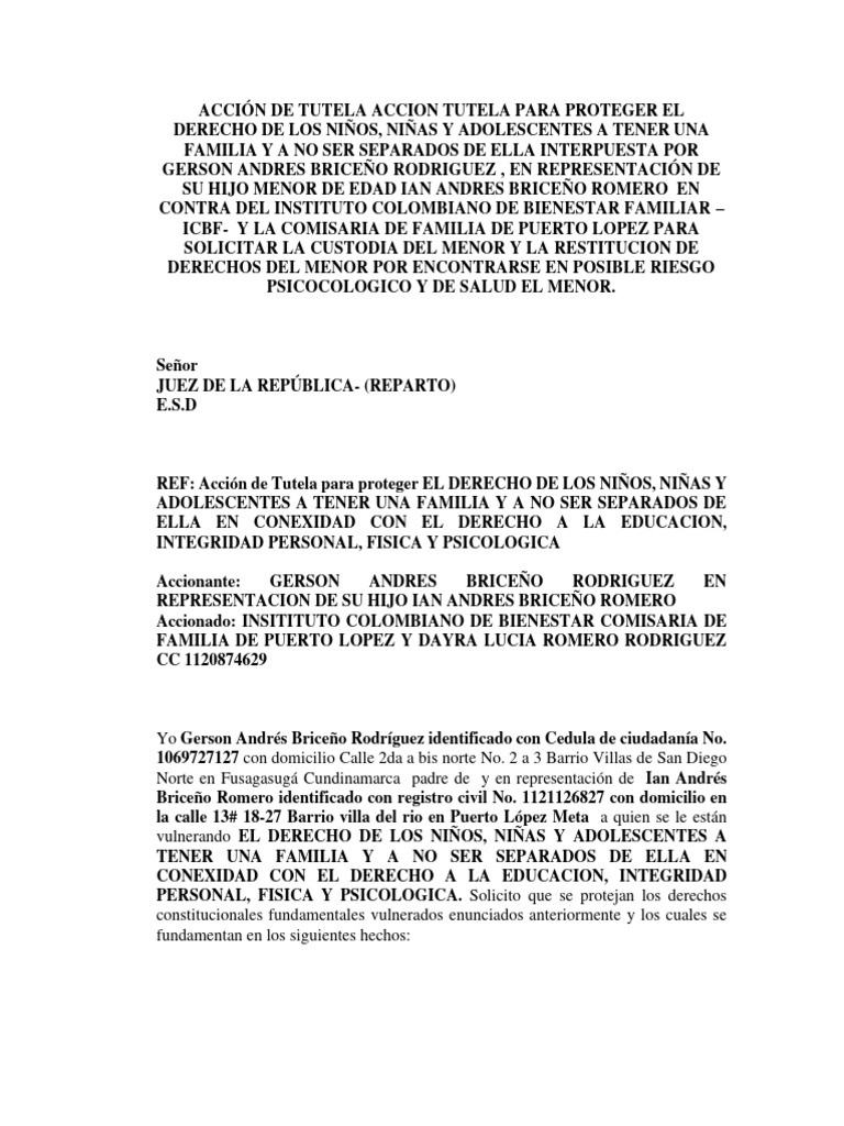 Acción de Tutela - DERECHO A LA FAMILIA - Constitucional | PDF ...