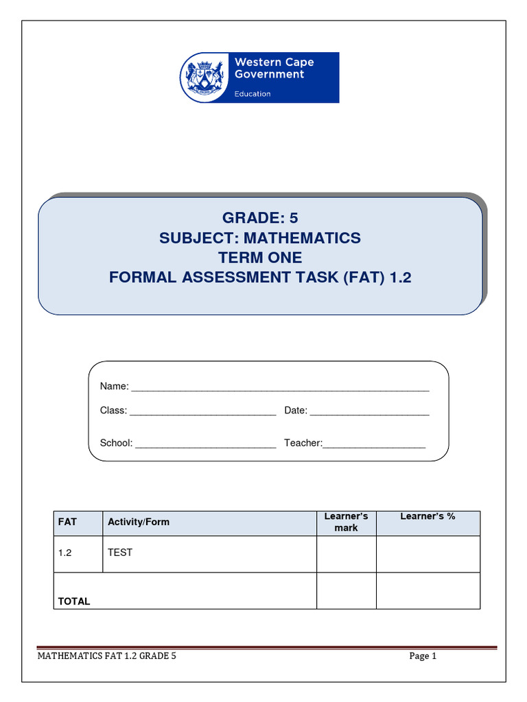 Grade 5 Mathematics Fat 1 2 Test | PDF | Mathematics