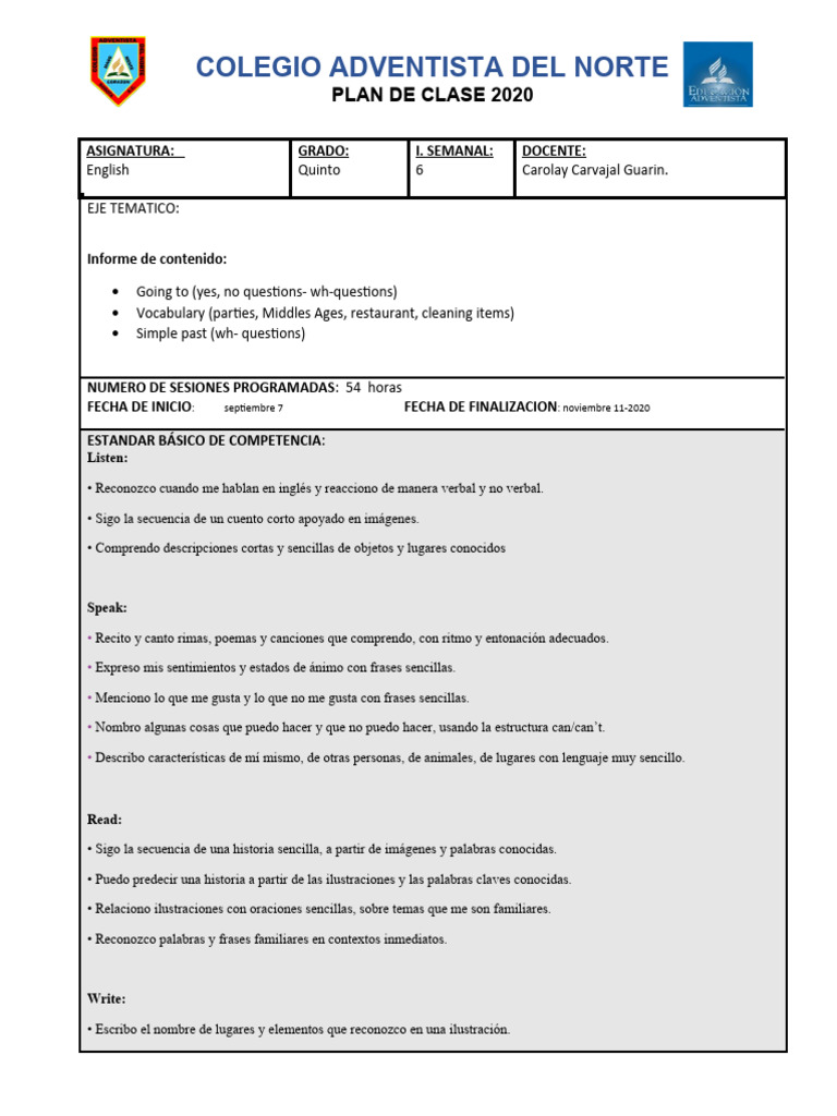 Grado Quinto English Planeation 4th Periodo PDF Lingüística