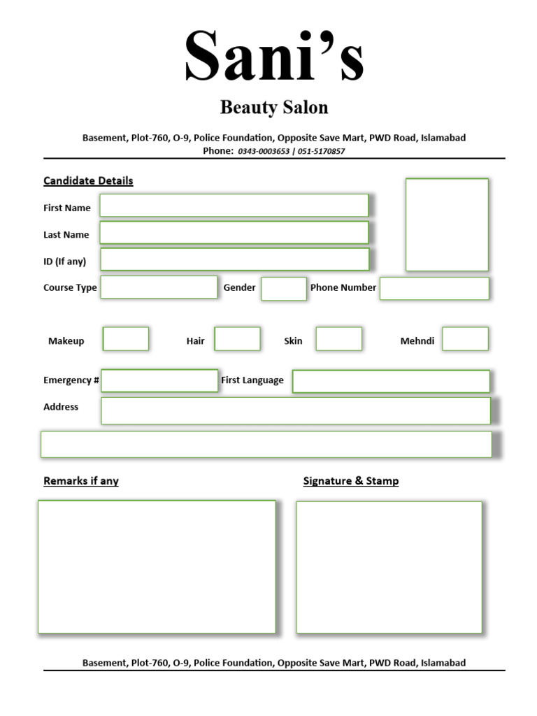 Sani's Beauty Salon Candidate Form | PDF