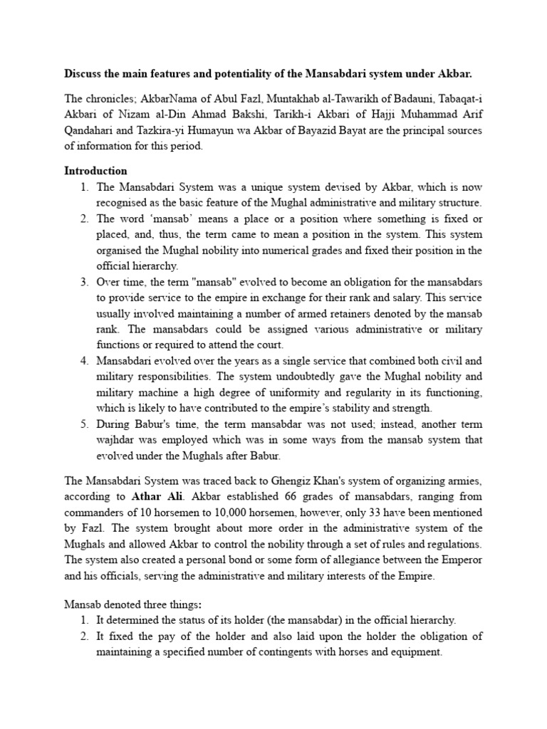 Evolution of Mansabdari System Under Akbar | PDF