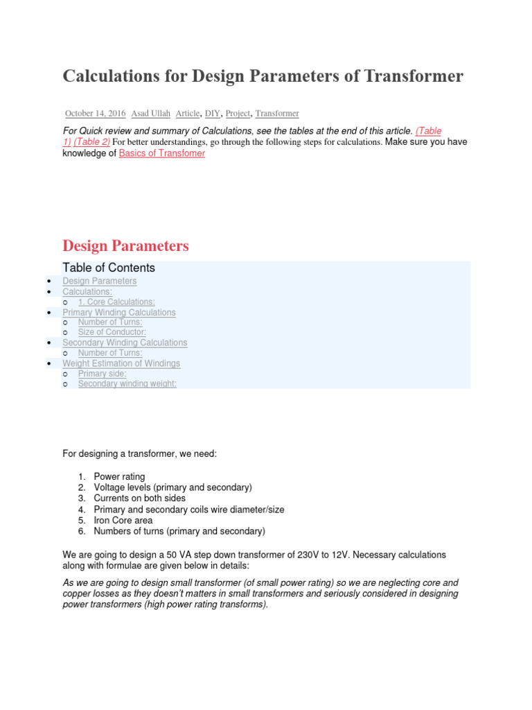 Calculations For Design Parameters of TR | PDF | Transformer ...