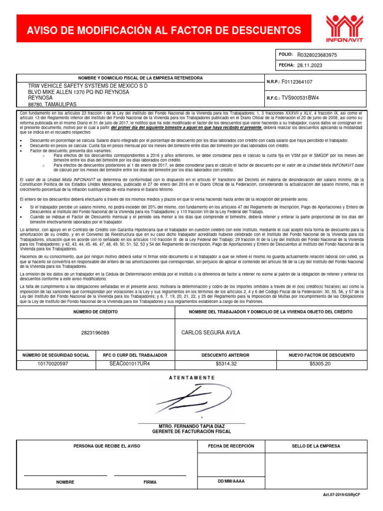 Modificación de Descuentos INFONAVIT | PDF | Salario mínimo