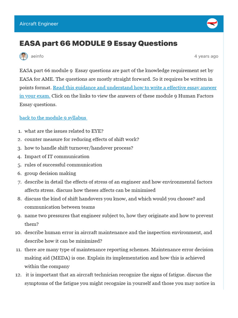 EASA Part 66 Module 9 Essay Questions | PDF | Human Factors And Ergonomics