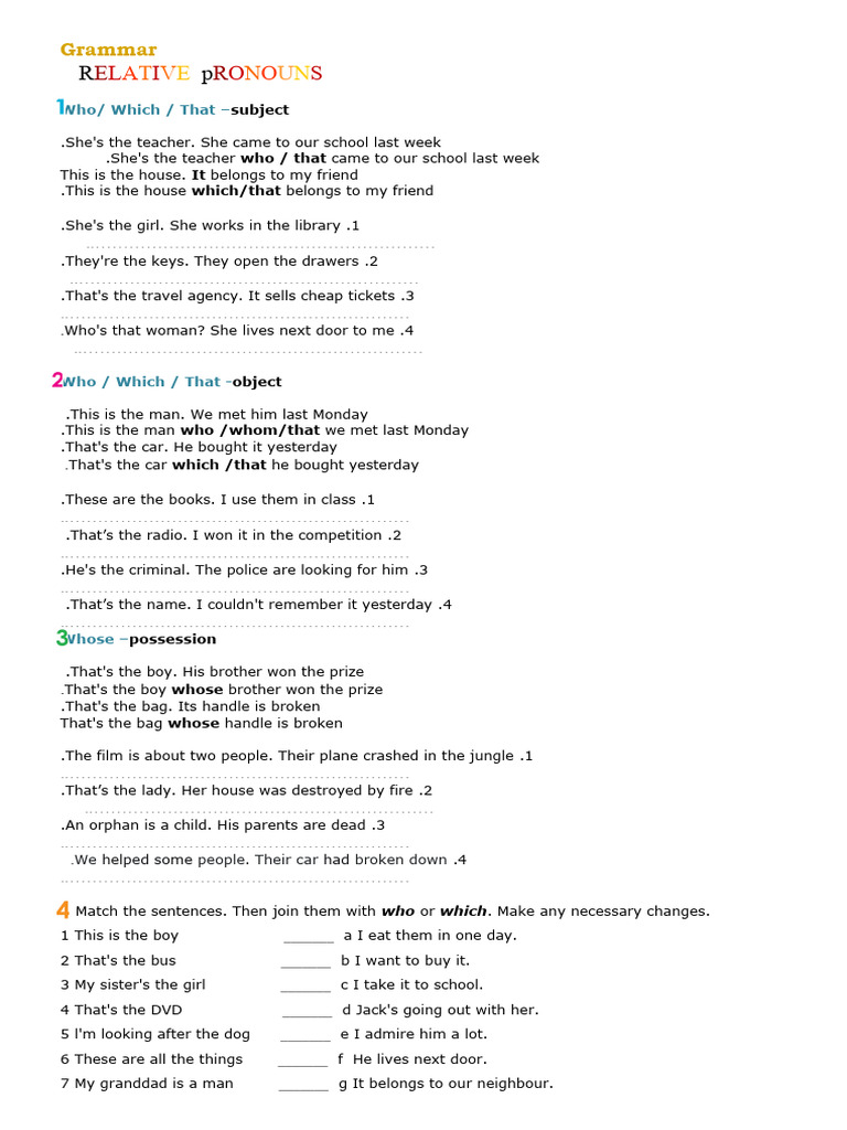 Relative Pronouns-Less | PDF | Subject (Grammar) | Syntax