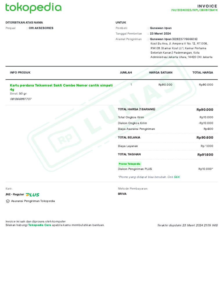 Invoice Pembelian Kartu Perdana Telkomsel | PDF